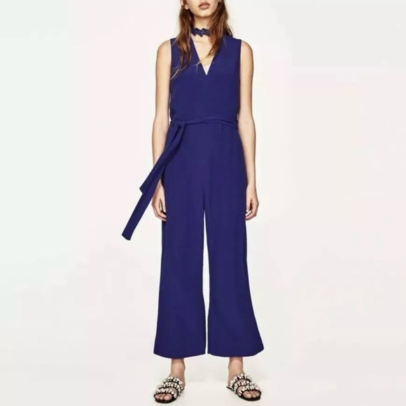 ZARA Blue Jumpsuit Sz XS Belt ankle-length Cropped With Lace Choker Romper - Picture 2 of 7